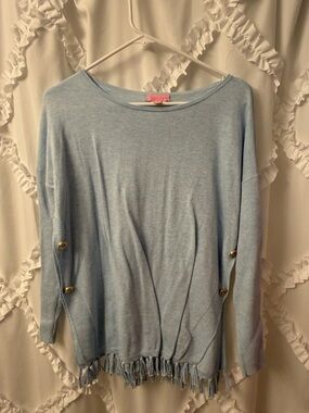 Lilly Pulitzer Light Blue Fringe Hem Boatneck Sweater